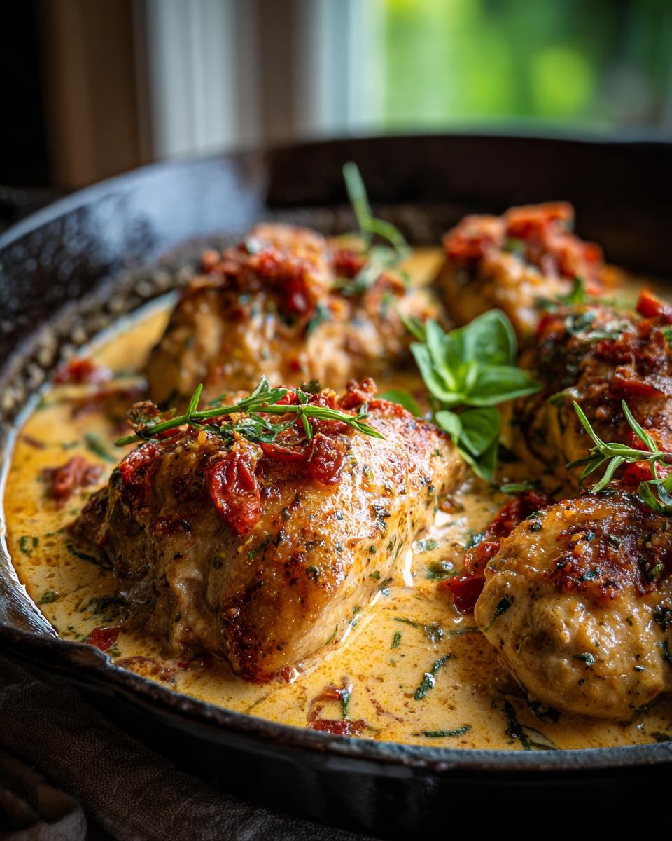 Four pieces of Crockpot Marry Me Chicken simmered in a creamy sun-dried tomato and herb sauce, garnished with rosemary.