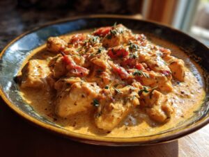 A close-up of Crockpot Marry Me Chicken served in a bowl, coated in a rich, creamy sauce with herbs and sun-dried tomatoes.