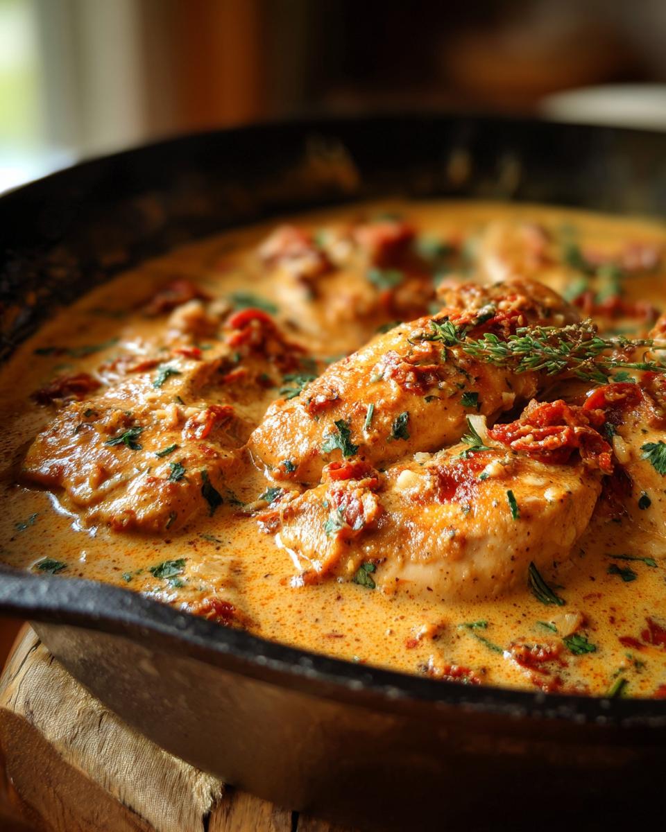 Close-up of Crockpot Marry Me Chicken breasts in a rich, creamy sauce with sun-dried tomatoes and herbs.