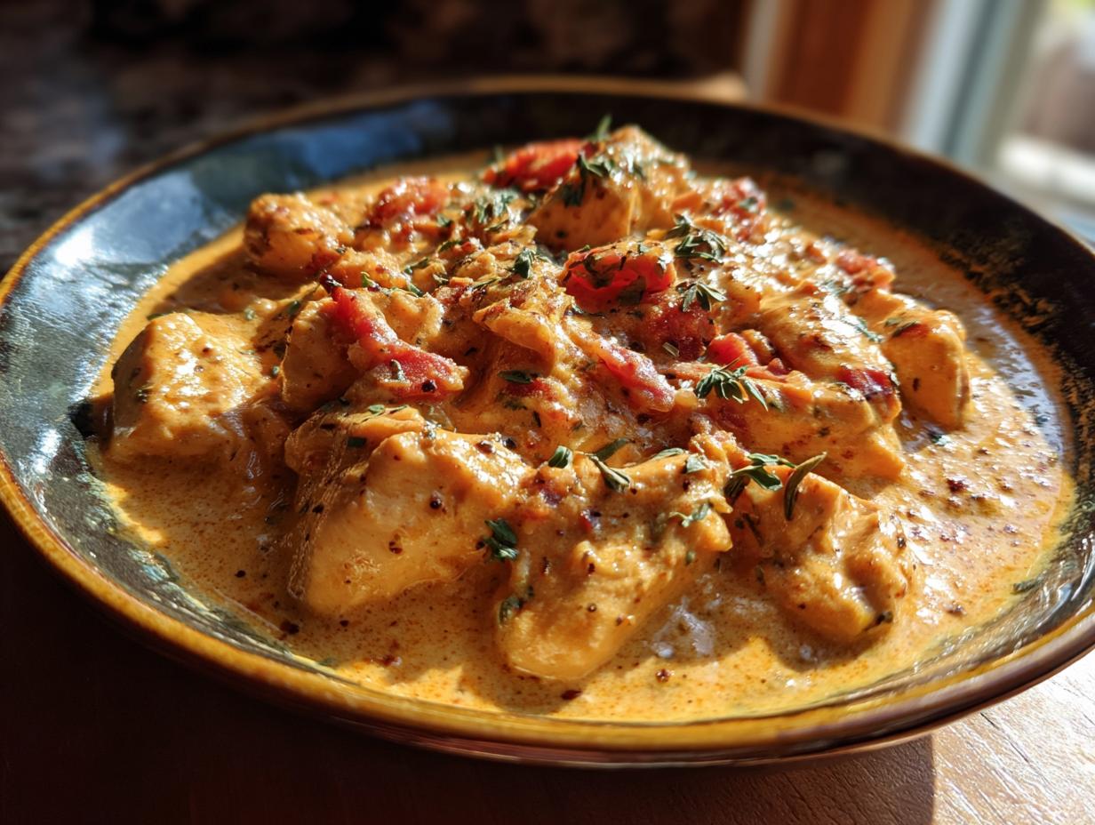 A close-up of Crockpot Marry Me Chicken served in a bowl, coated in a rich, creamy sauce with herbs and sun-dried tomatoes.
