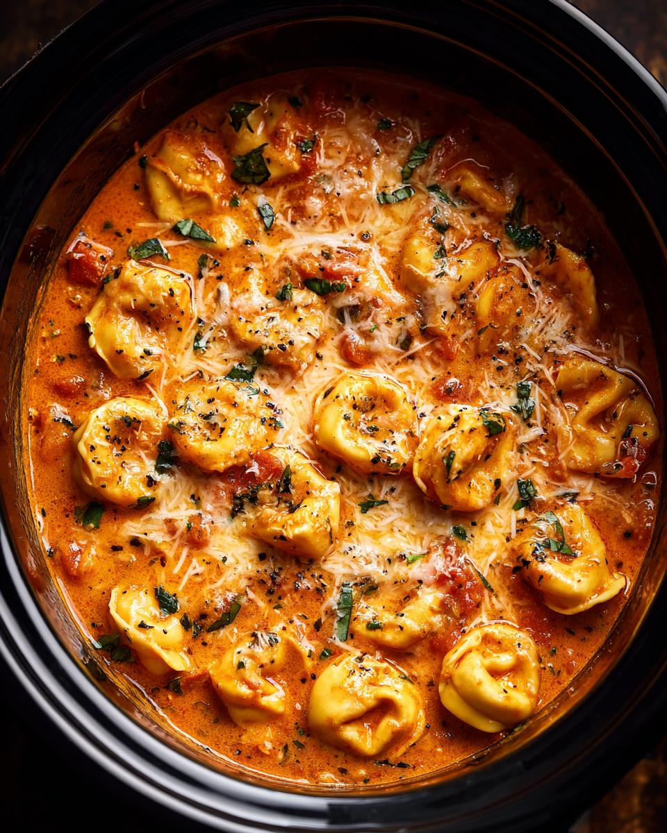 A close-up overhead view of crockpot tomato tortellini soup, topped with shredded cheese and fresh herbs.