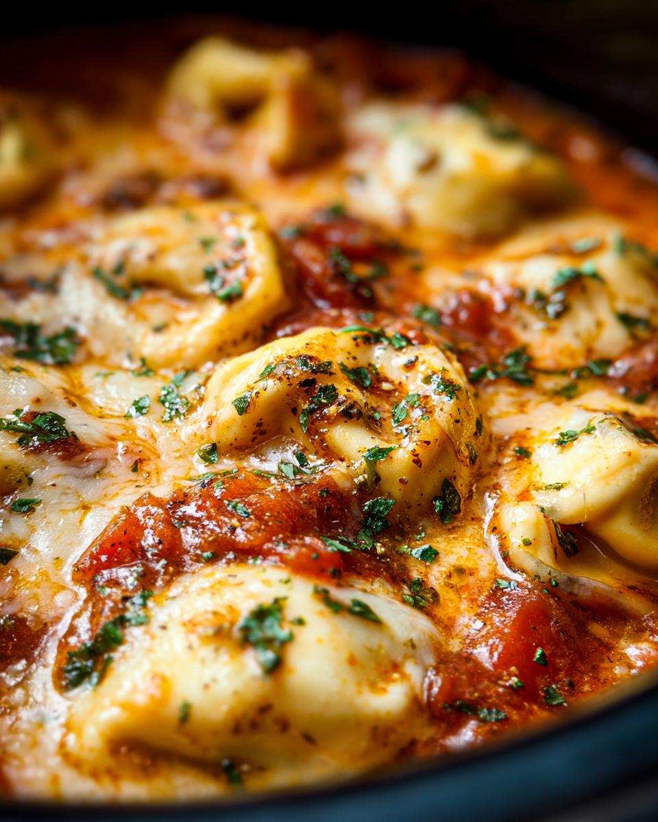 Close-up of delicious crockpot tomato tortellini soup with melted cheese and fresh parsley.