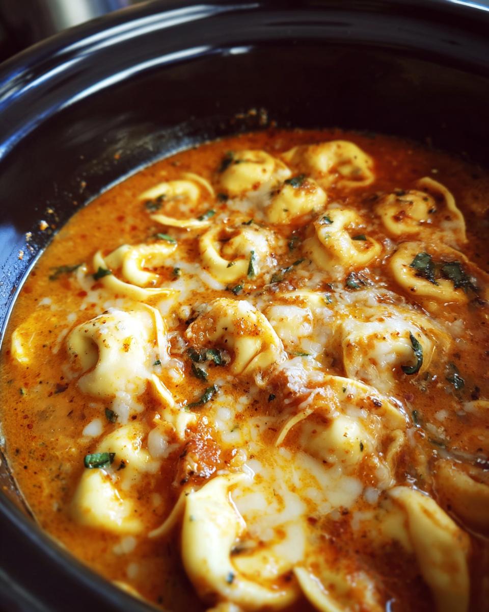 A close-up view of creamy crockpot tomato tortellini soup with melted cheese and herbs.