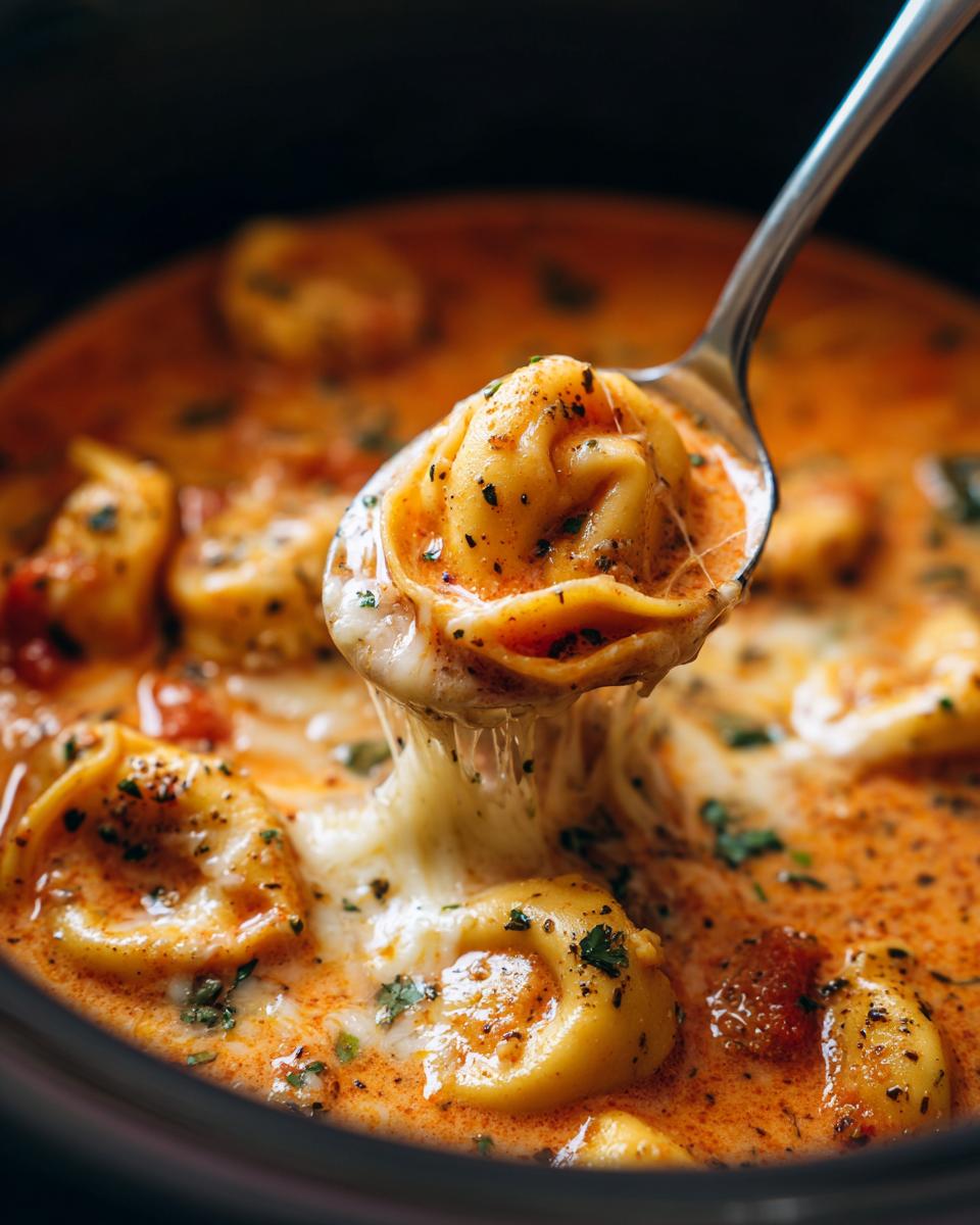 A spoonful of creamy crockpot tomato tortellini soup, showing melted cheese stretching from a tortellini.