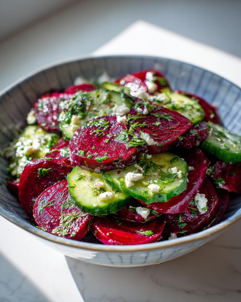 Close-up of a vibrant cucumber beetroot salad with crumbled feta cheese and fresh dill.