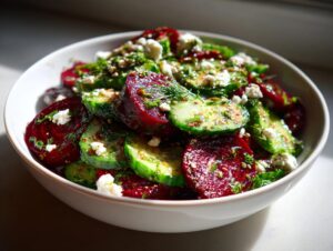 A refreshing cucumber beetroot salad tossed with feta cheese and fresh dill, showcasing vibrant colors.