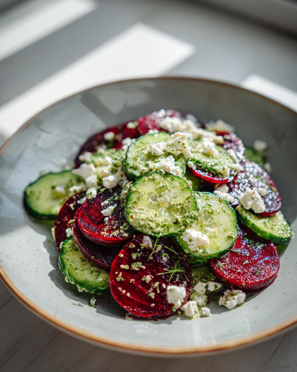 A refreshing Cucumber Beetroot Salad with crumbled feta cheese and a light dressing, garnished with herbs.