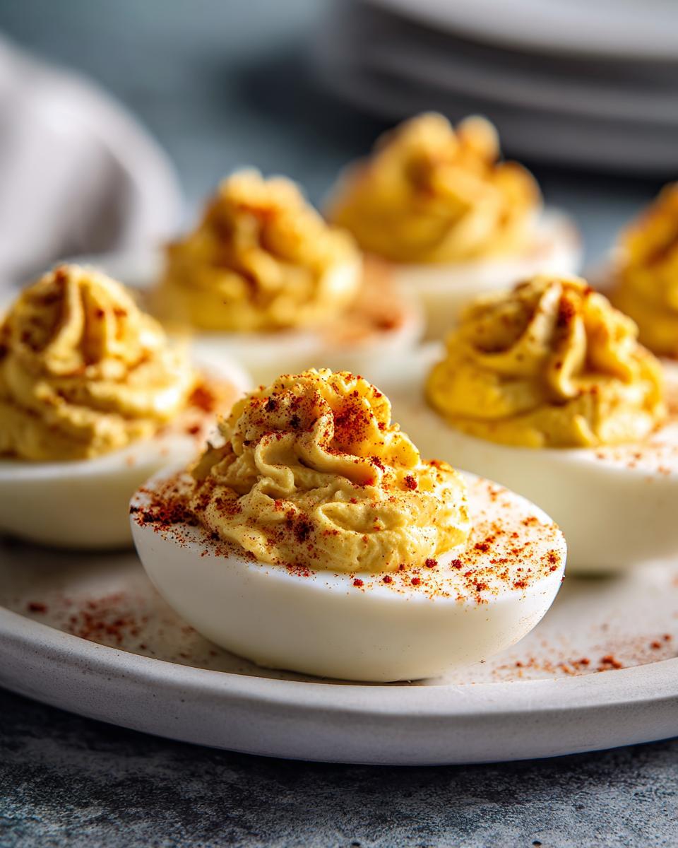 Close-up of classic deviled eggs, piped with creamy filling and sprinkled with paprika.