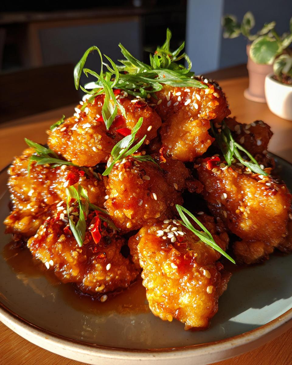 A close-up of crispy, glazed Dragon Chicken pieces topped with sesame seeds, chili flakes, and chopped green onions.