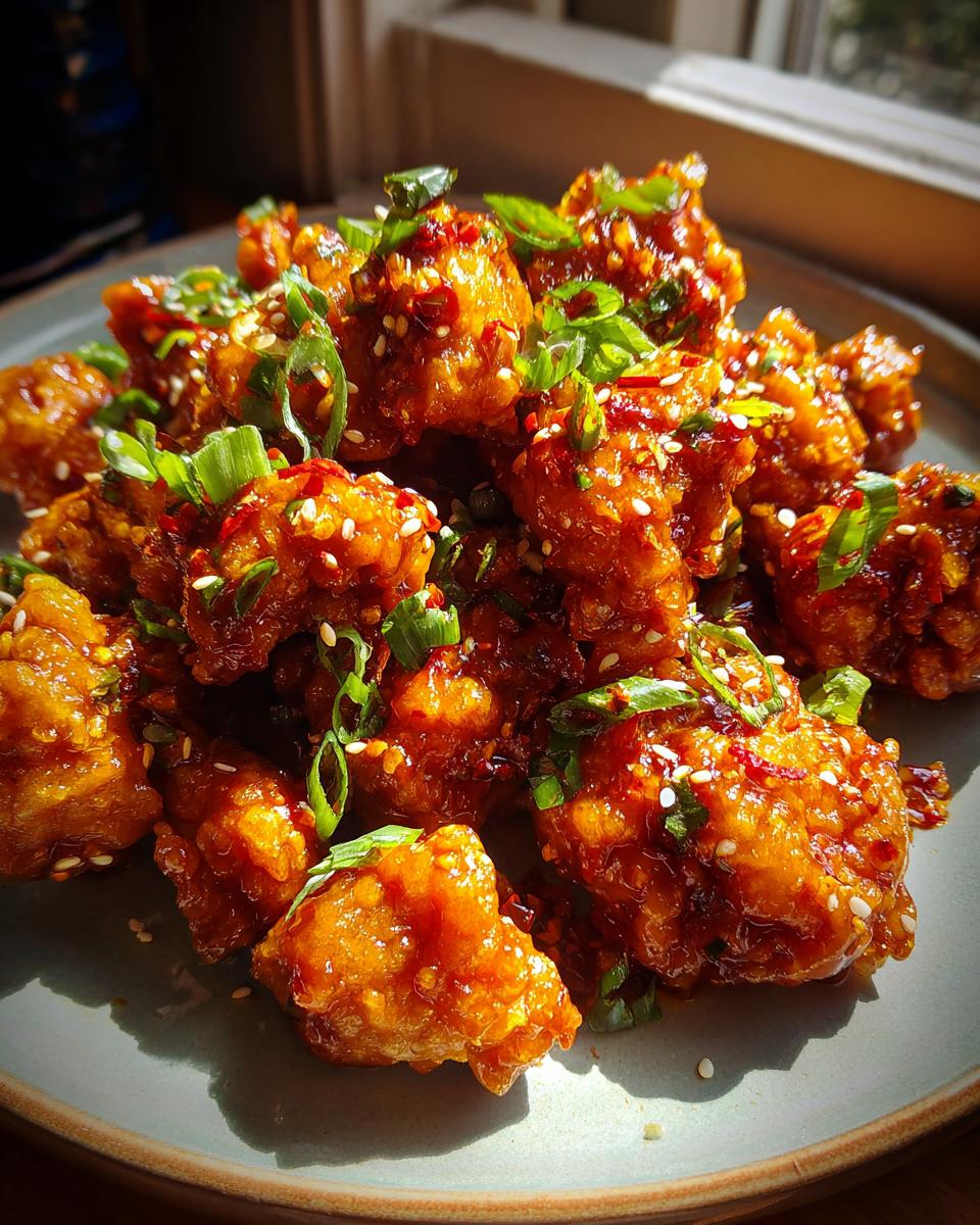 A pile of crispy, glazed dragon chicken pieces topped with sesame seeds and chopped green onions.