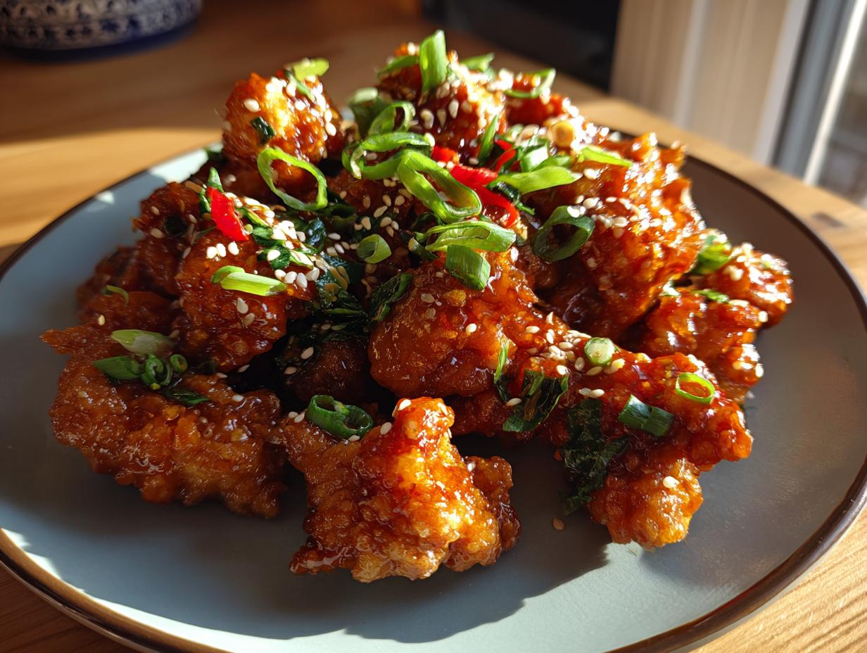 A plate of crispy, glazed Dragon Chicken pieces garnished with sesame seeds, green onions, and chili.