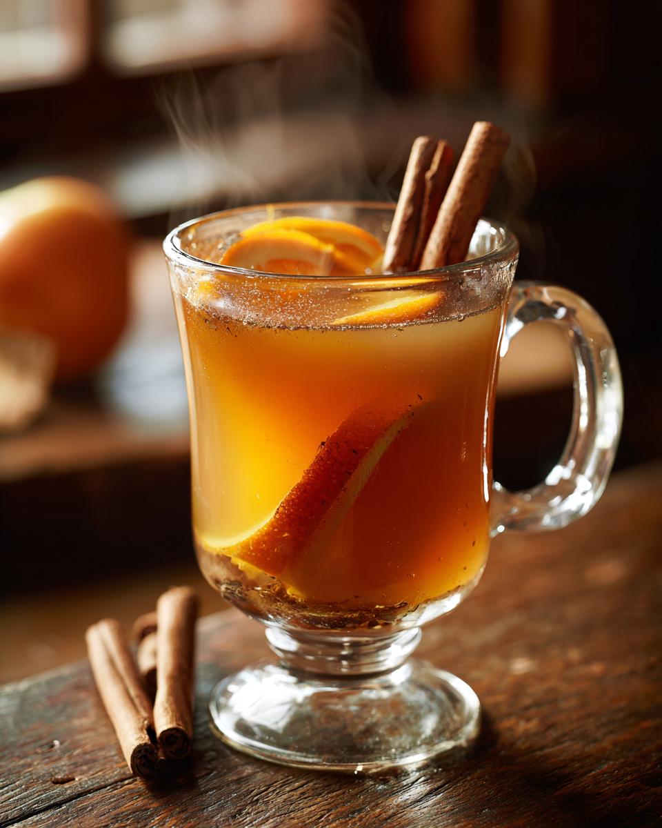 A steaming mug of Dutch oven apple cider, garnished with orange slices and cinnamon sticks.