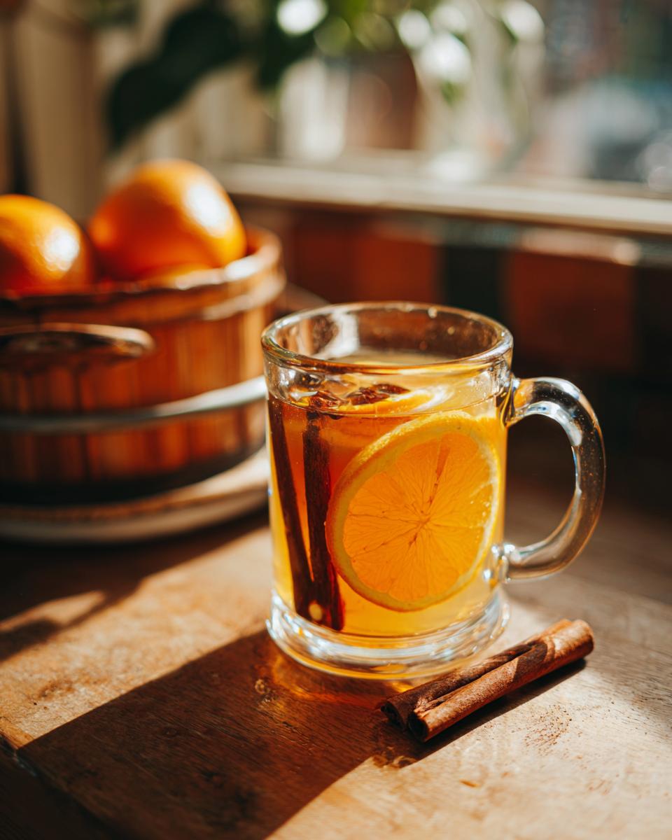A mug of warm Dutch oven apple cider infused with orange slices and cinnamon sticks, garnished with star anise.