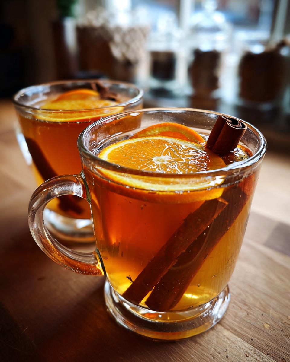 Two glasses of warm Dutch oven apple cider, garnished with orange slices and cinnamon sticks.