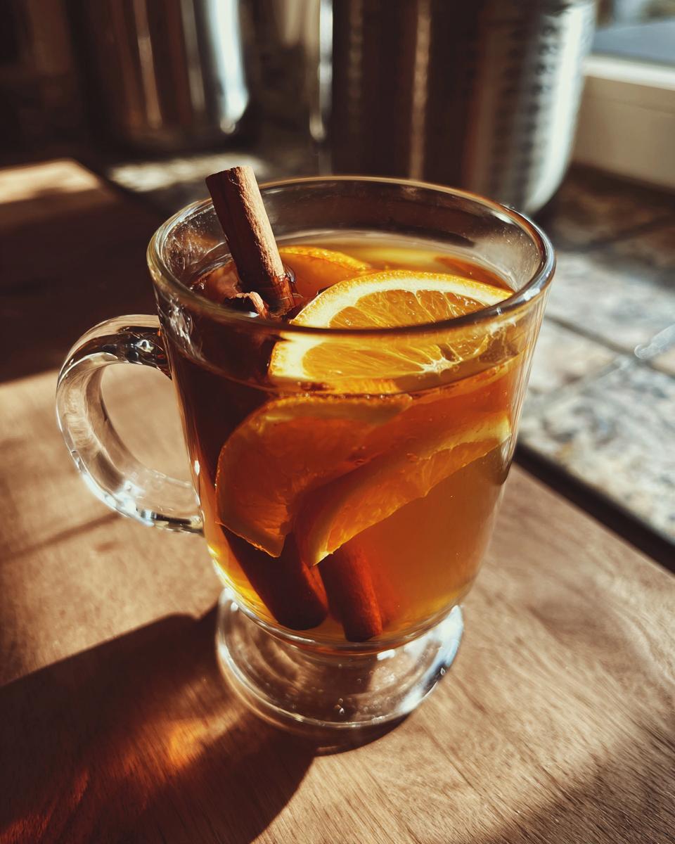 A clear glass mug filled with warm Dutch oven apple cider, garnished with orange slices and cinnamon sticks.
