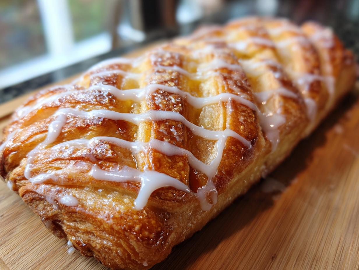 A golden-brown, flaky cheese danish drizzled with white icing, ready to be enjoyed.