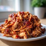 A close-up of a generous pile of tender pulled pork coated in rich BBQ sauce on a white plate.