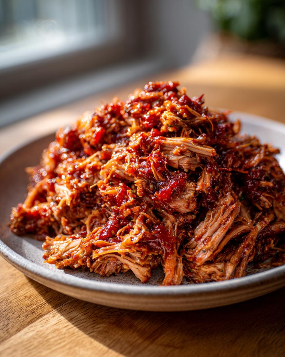 A close-up of a generous serving of tender, shredded pulled pork coated in a rich BBQ sauce on a plate.