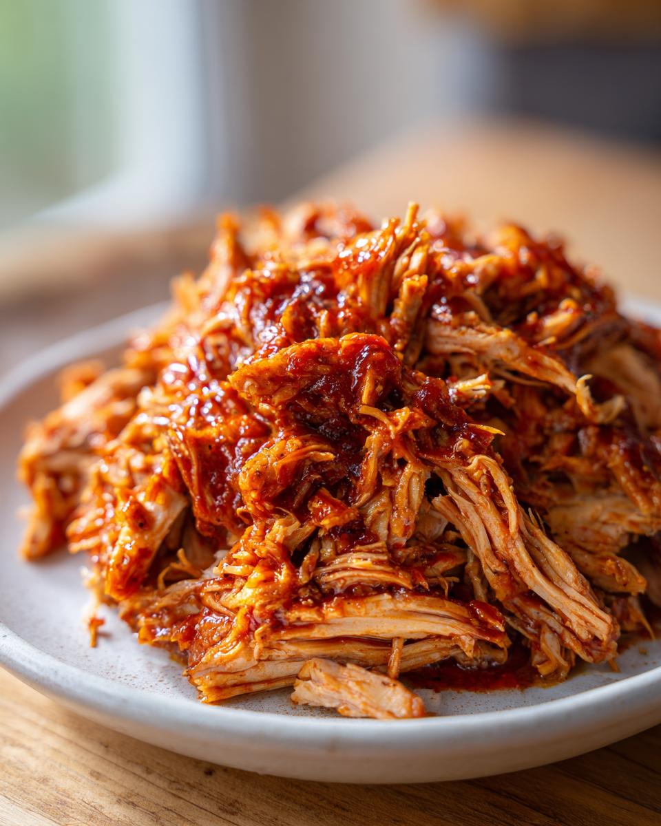 Close-up of tender pulled pork coated in a rich BBQ sauce, served on a white plate.