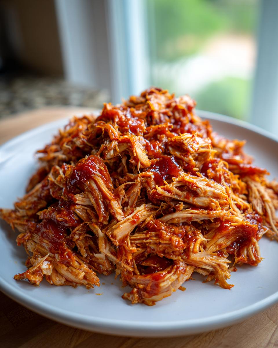 Close-up of a plate piled high with tender, shredded pulled pork coated in a rich BBQ sauce.