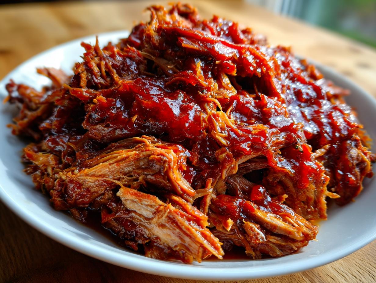 Close-up of tender pulled pork coated in glossy BBQ sauce, served on a white plate.