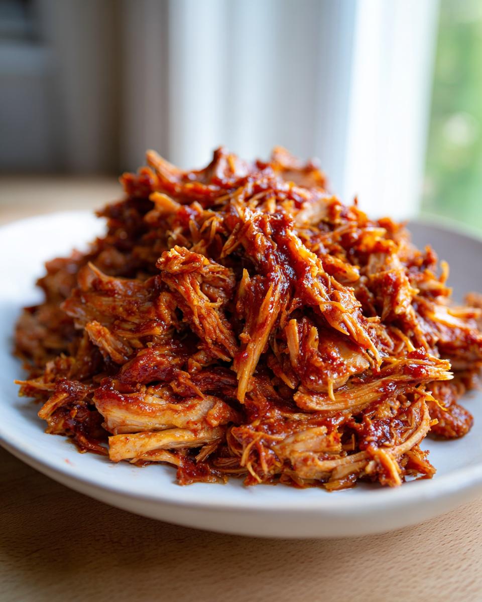 A close-up of a generous pile of tender pulled pork coated in a rich, reddish-brown barbecue sauce on a white plate.