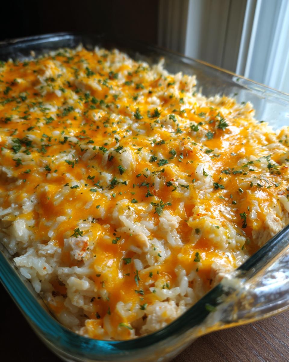 A close-up of a bubbling Forgotten Chicken and Rice casserole topped with melted cheddar cheese and parsley.