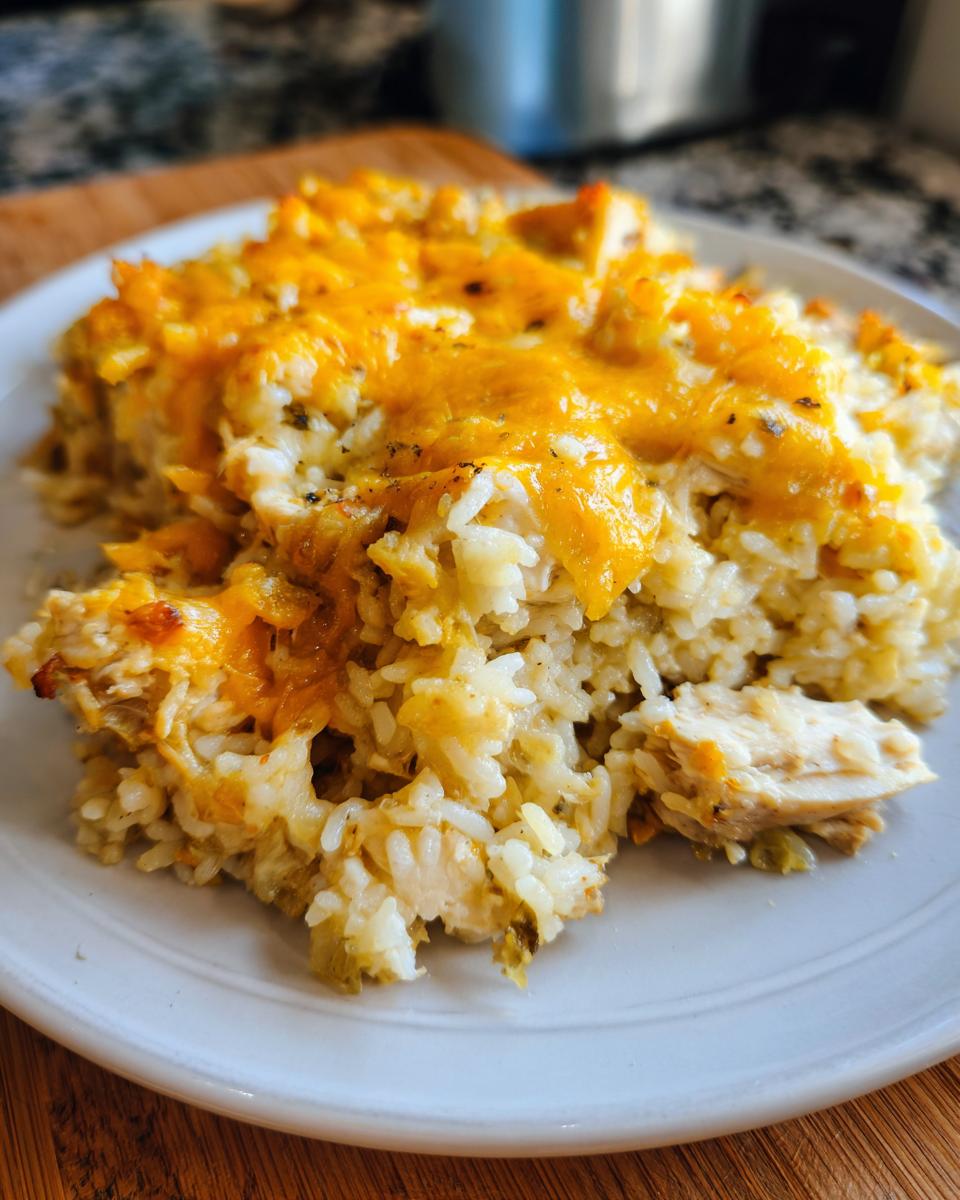 A close-up of a serving of Forgotten Chicken and Rice casserole, topped with melted cheddar cheese.