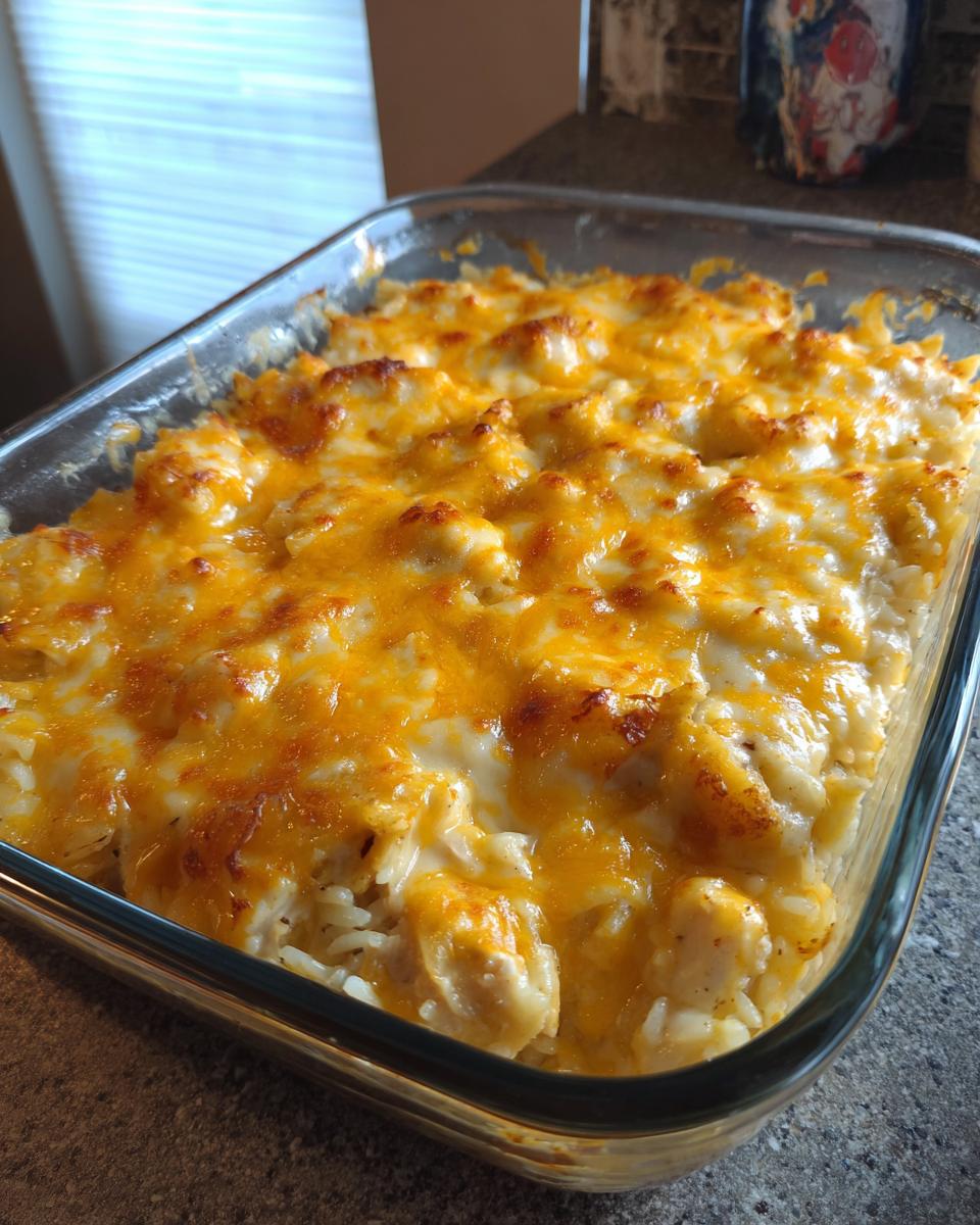 A close-up of a baked Forgotten Chicken and Rice casserole in a glass dish, topped with melted golden cheese.