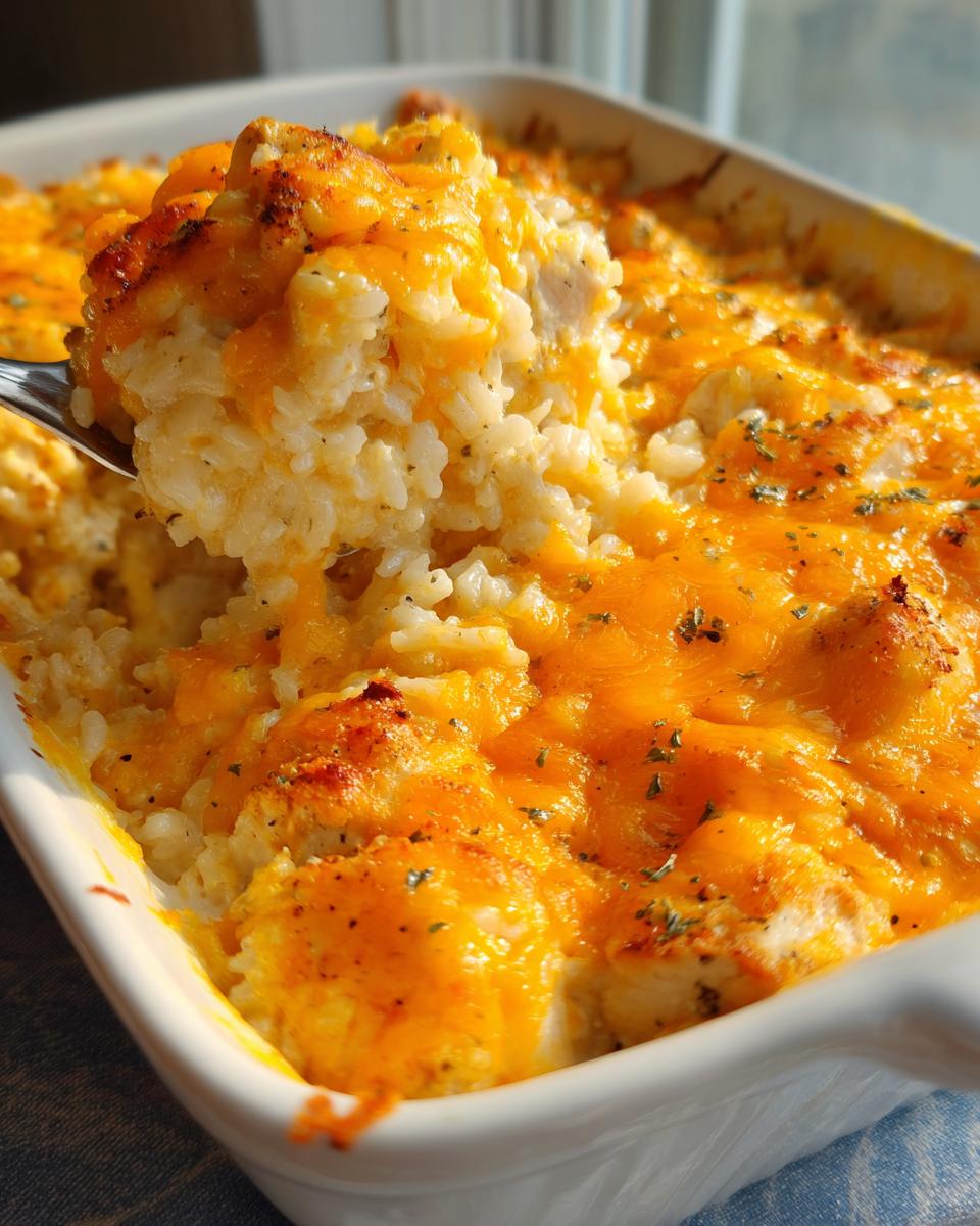 A spoonful of cheesy Forgotten Chicken and Rice casserole, showing tender chicken pieces and fluffy rice baked to perfection.