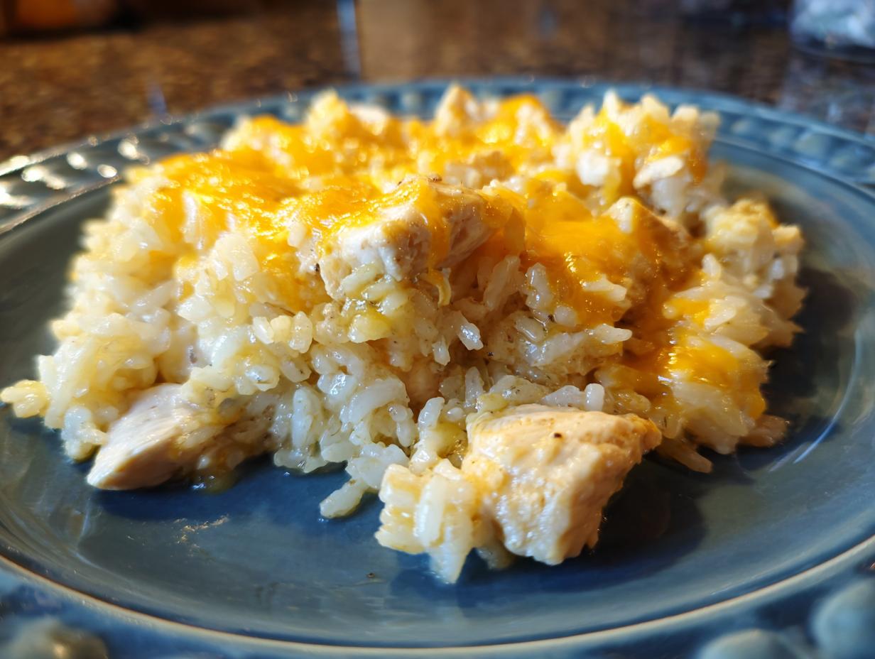 A close-up of a serving of Forgotten Chicken and Rice, topped with melted cheddar cheese.