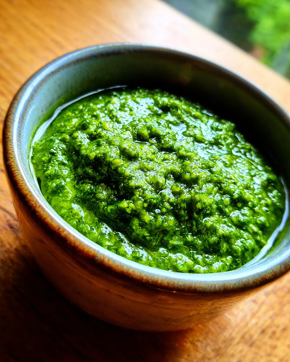 Close-up of vibrant green fresh basil pesto in a rustic bowl.