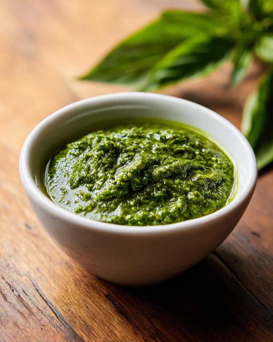 A close-up of vibrant green basil pesto in a white bowl, with fresh basil leaves blurred in the background.