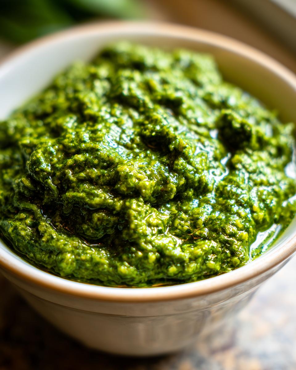 A close-up shot of vibrant, freshly made basil pesto in a white bowl.