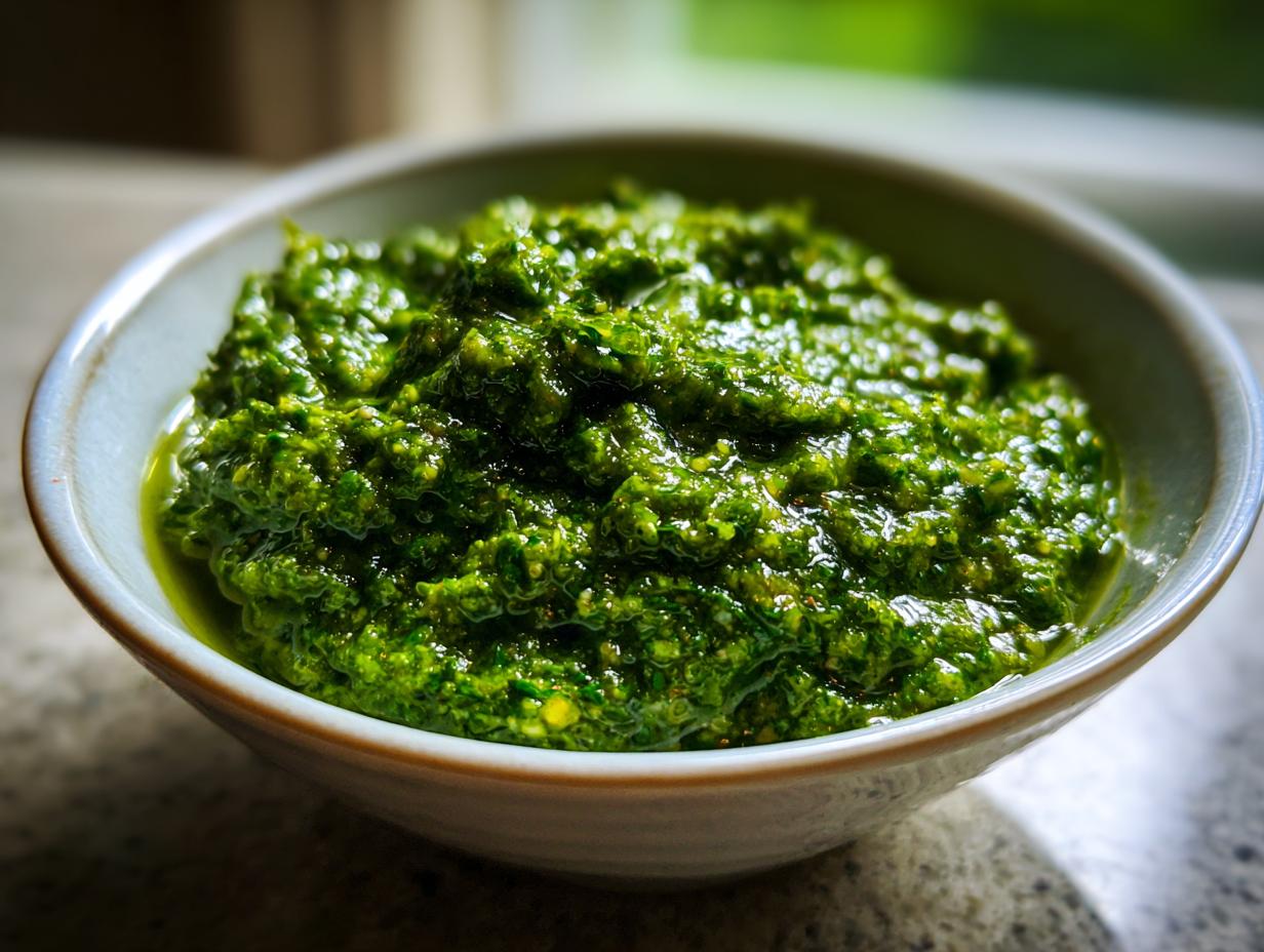 Close-up of vibrant, fresh basil pesto in a light blue bowl.