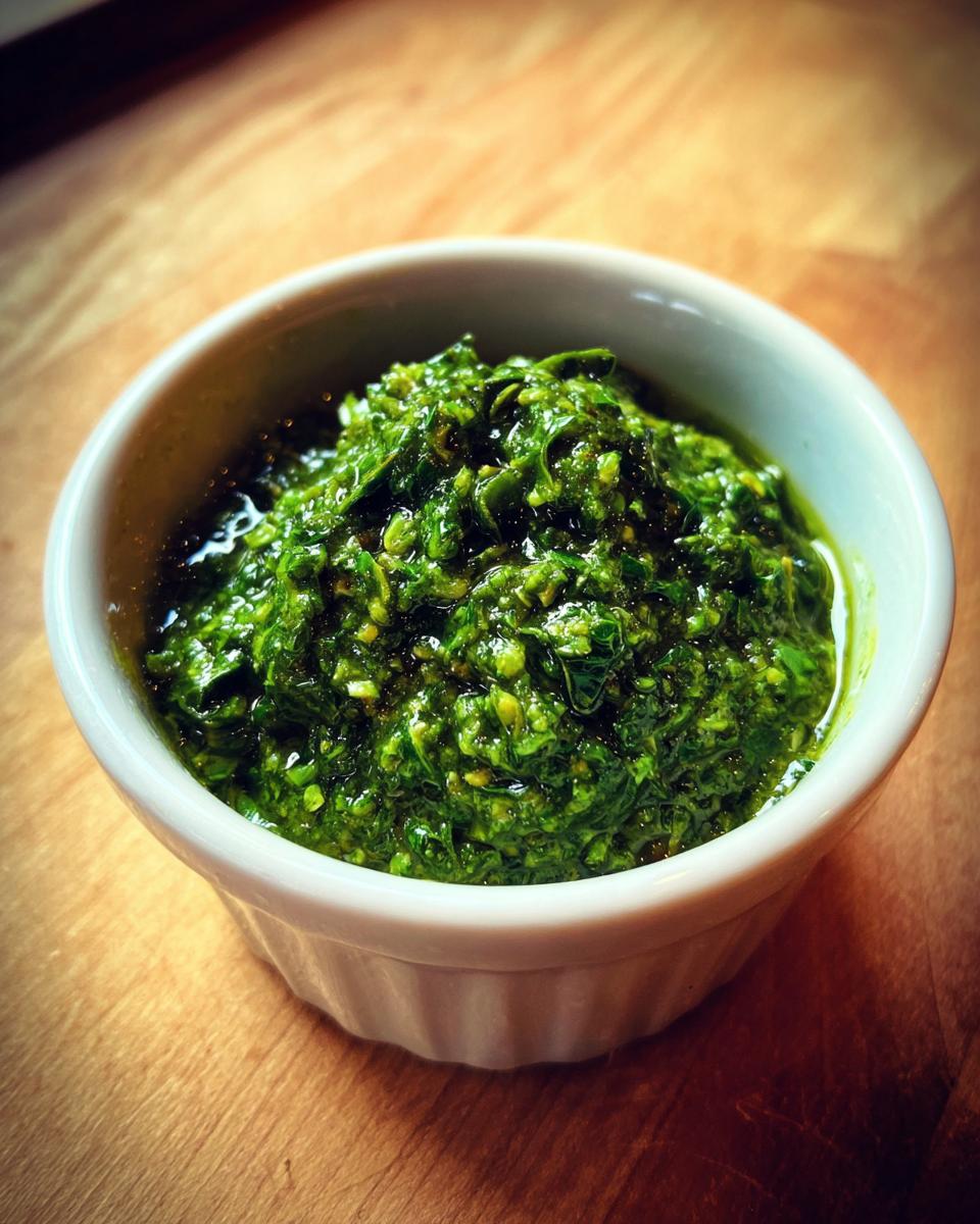 Close-up of vibrant green fresh basil pesto in a white ramekin on a wooden surface.