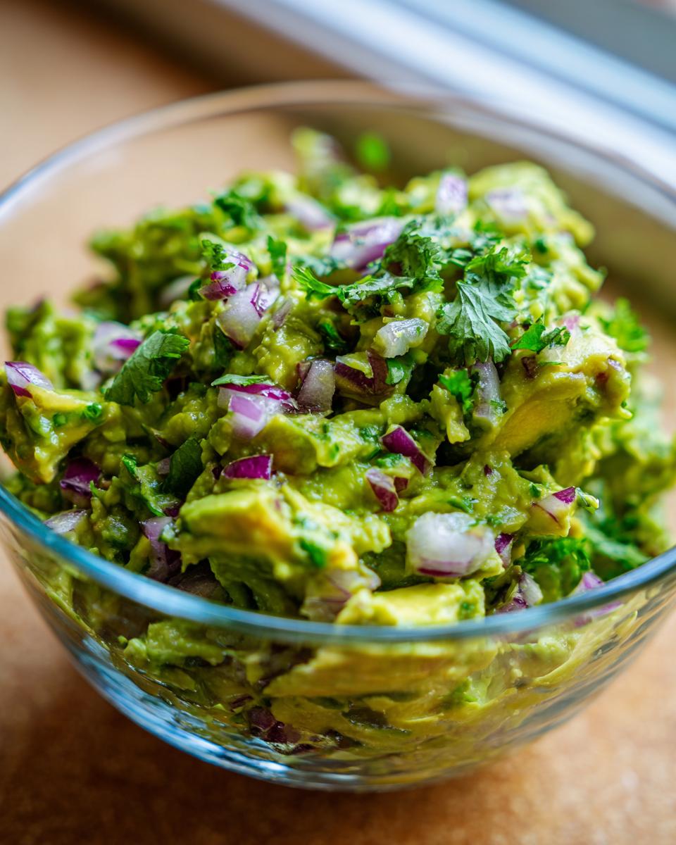 Close-up of a clear glass bowl filled with fresh, chunky guacamole, topped with red onion and cilantro.
