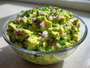 Close-up of a glass bowl filled with chunky, fresh guacamole, topped with diced red onion and cilantro.