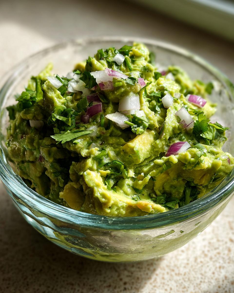 Close-up of a glass bowl filled with chunky, fresh guacamole, topped with chopped red onion and cilantro.