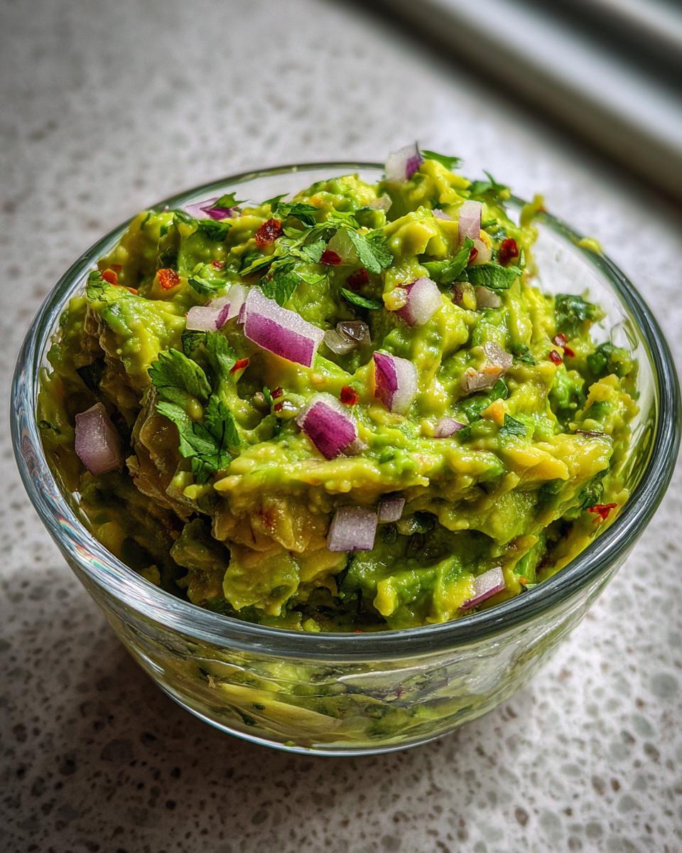 A close-up of a glass bowl filled with vibrant green guacamole, topped with red onion, cilantro, and chili flakes.