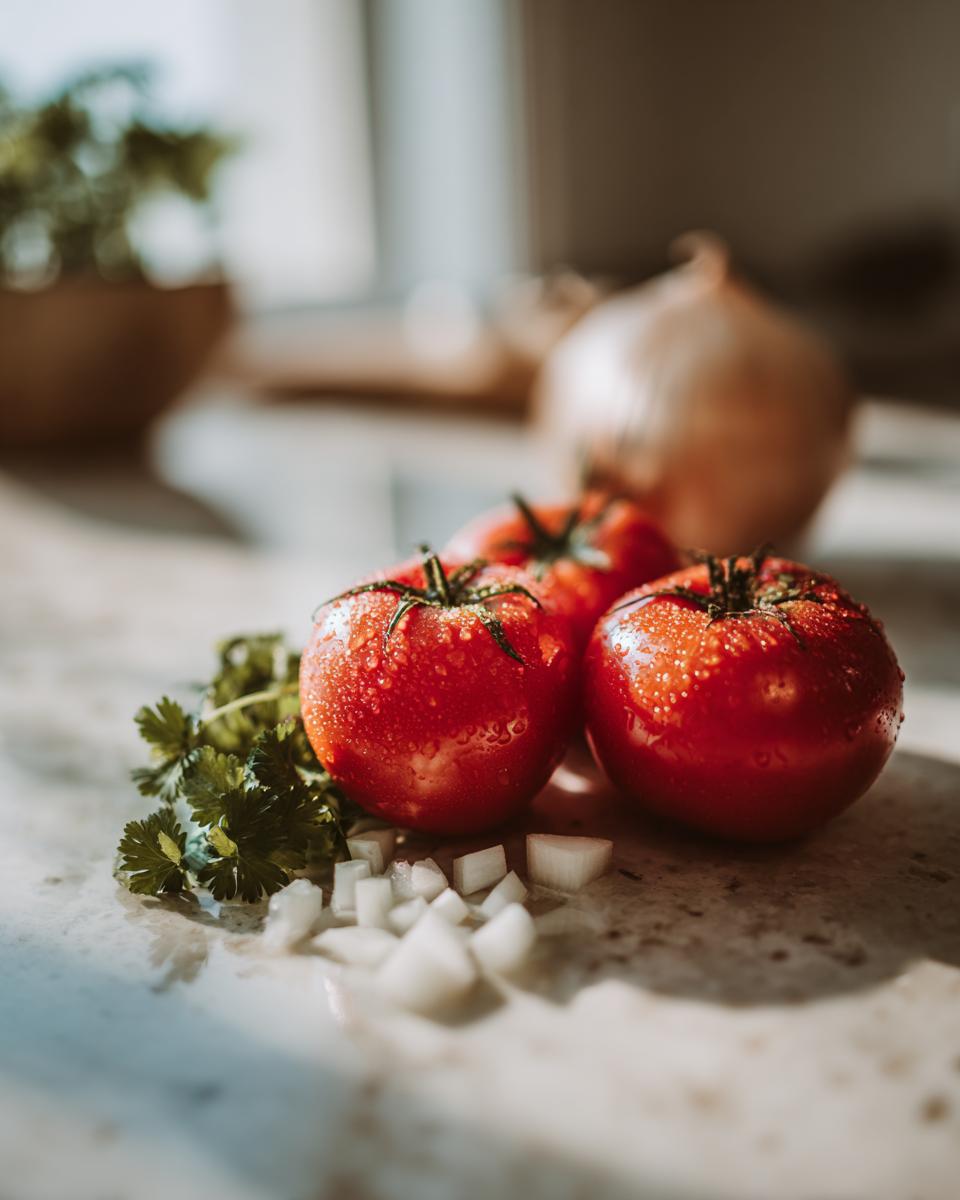 Three fresh tomatoes with water droplets, chopped onion, and cilantro sprigs, ready to make salsa.