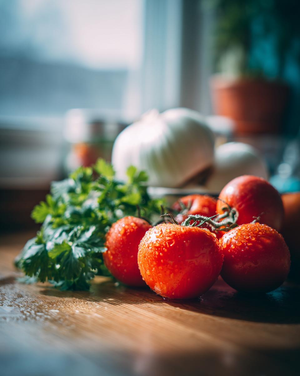 Close-up of fresh, wet tomatoes and cilantro, key ingredients for making salsa.