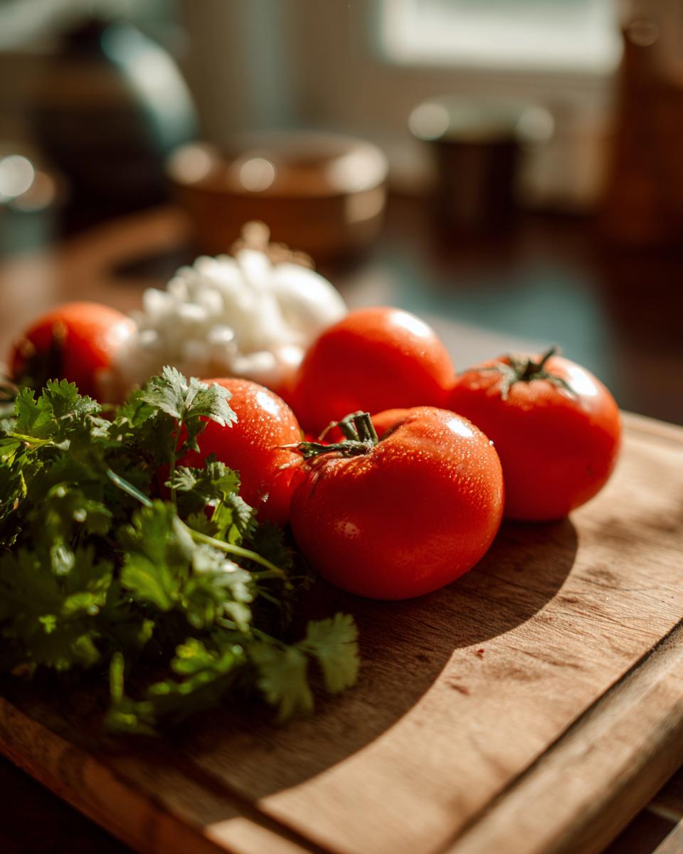 Fresh tomatoes, cilantro, and onion on a wooden cutting board, ready to make salsa.