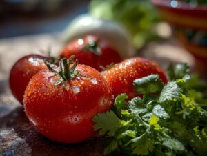 Close-up of fresh, ripe tomatoes with water droplets and a bunch of cilantro, ingredients for salsa.