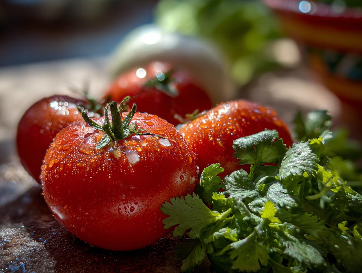 Close-up of fresh, ripe tomatoes with water droplets and a bunch of cilantro, ingredients for salsa.