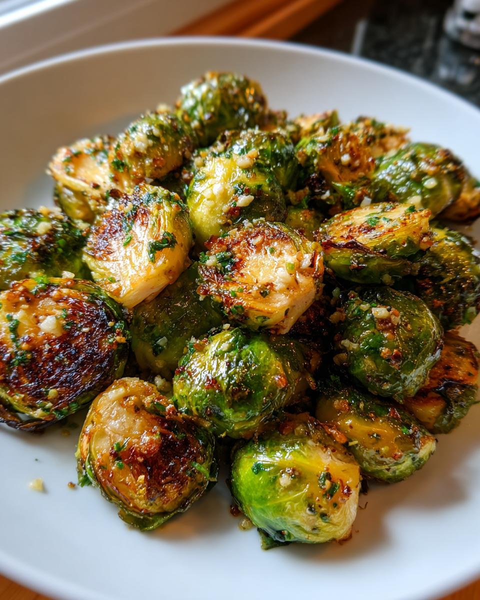 A pile of glistening garlic butter roasted brussels sprouts, some halved, with visible garlic and herbs.