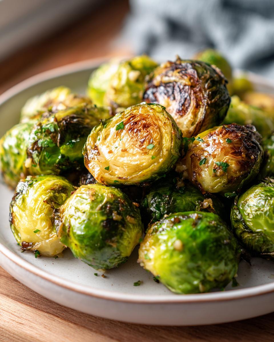 Close-up of perfectly roasted garlic butter brussels sprouts, glistening and sprinkled with fresh parsley.