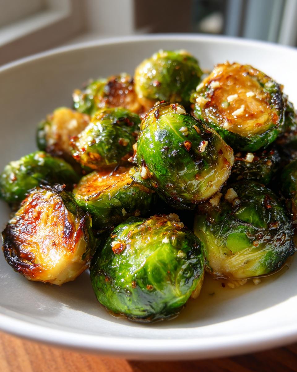 A close-up of glossy, roasted garlic butter brussels sprouts in a white bowl, glistening with sauce and topped with minced garlic.