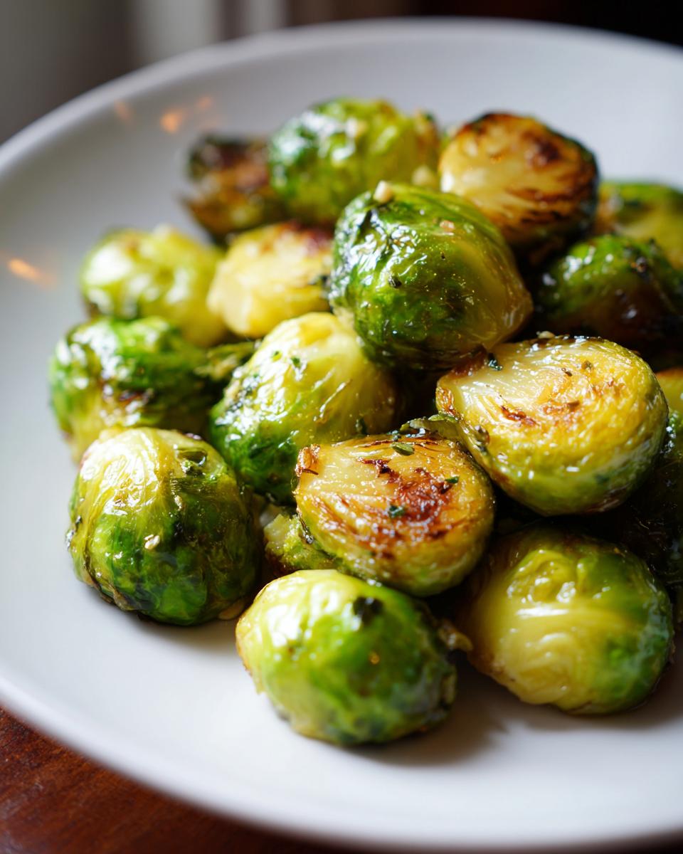 A close-up shot of glistening garlic butter roasted brussels sprouts on a white plate, showcasing their caramelized edges and vibrant green color.