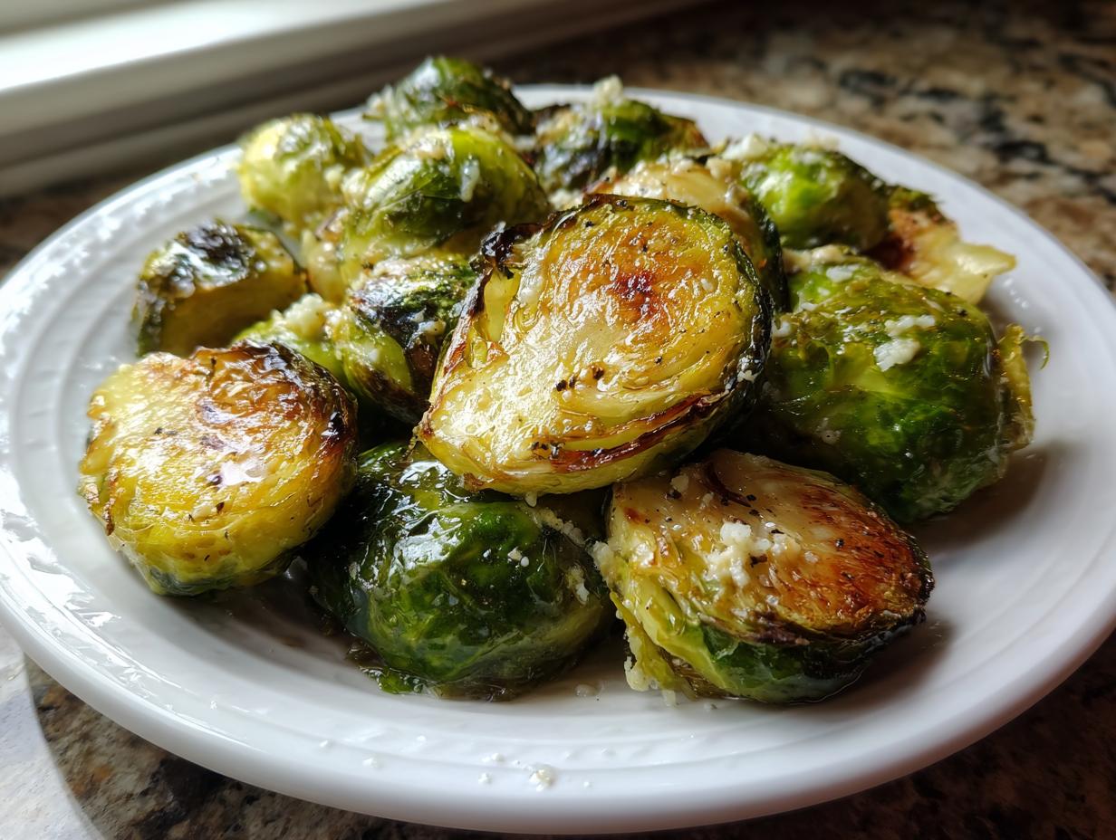 Close-up of glistening garlic butter roasted brussels sprouts sprinkled with Parmesan cheese on a white plate.